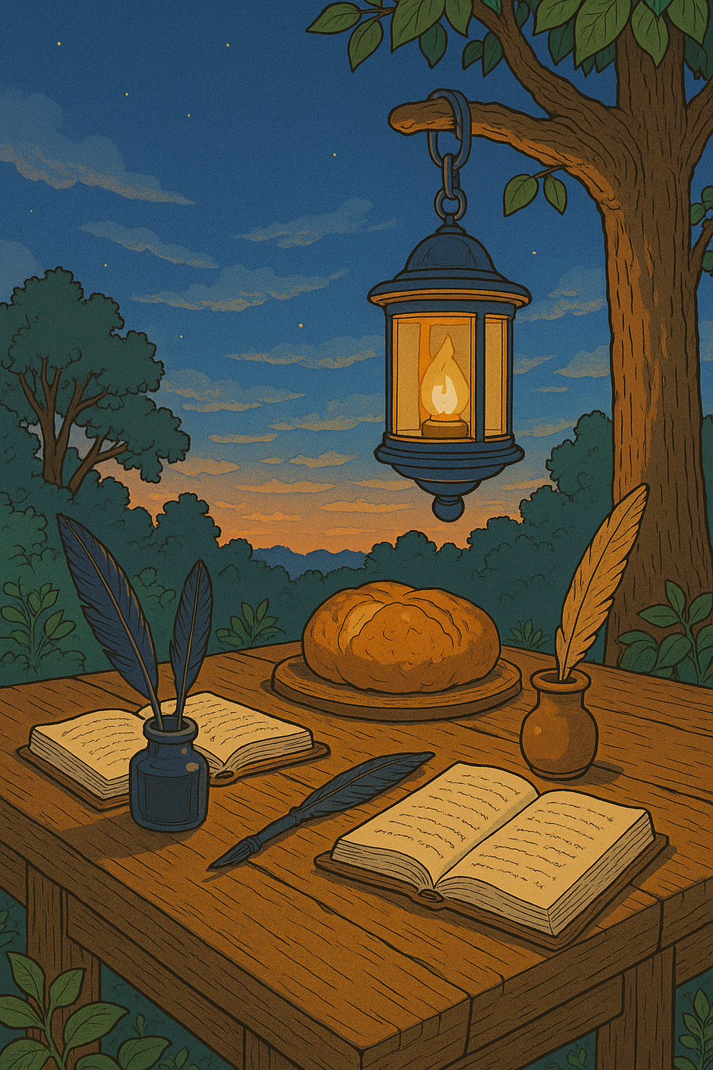 A lantern-lit gathering place beneath an old tree