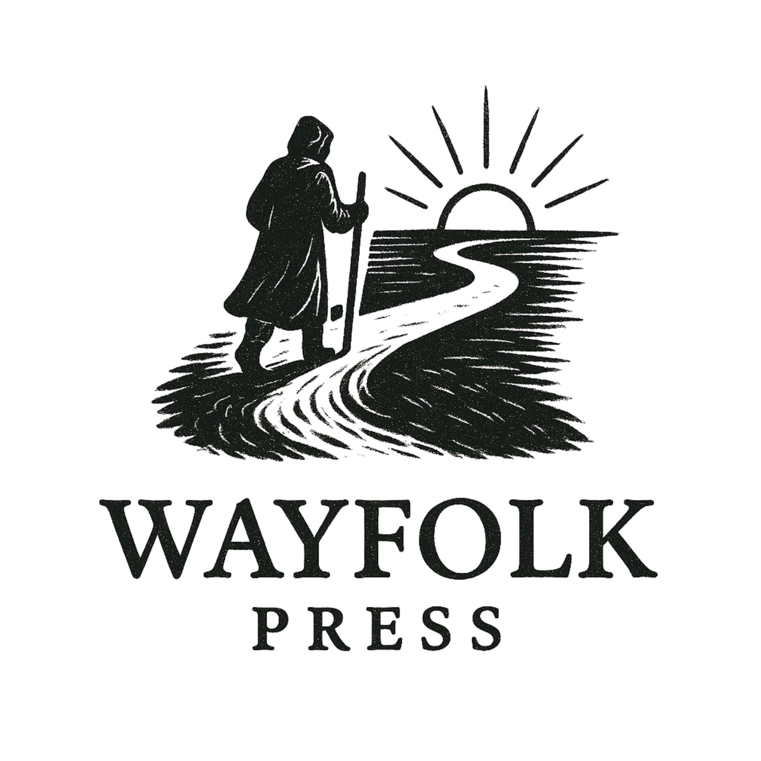 Wayfolk Press logo: a traveler following a winding path toward the rising sun